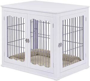unipaws Furniture Style Dog Crate End Table with Cushion, Wooden Wire Pet Kennels with Double Doors, Medium Dog House Indoor Use