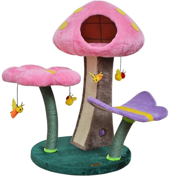 Scratching Post Cat Tower Activity Centre,Small Three-Story Cat Climbing Frame Cat Tree, Creative Cute Mushroom-Shaped Cat House, Butterfly Flower Resting Platform, Sisal Scratching Post