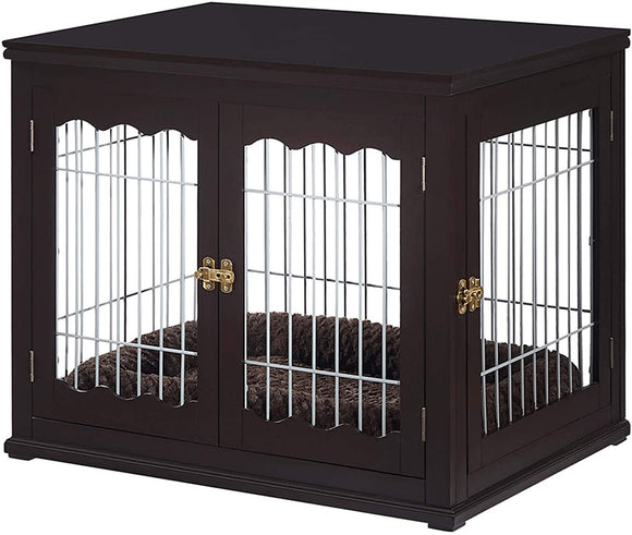 unipaws Furniture Style Dog Crate End Table with Cushion, Wooden Wire Pet Kennels with Double Doors, Medium Dog House Indoor Use