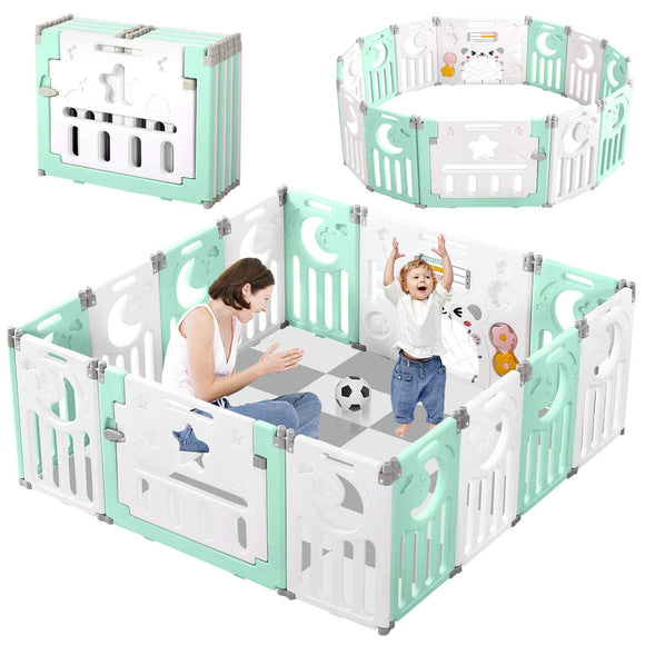 Baby Playpen, Dripex Upgrade Foldable Kids Activity Centre Safety Play Yard Home Indoor Outdoor Baby Fence Play Pen NO Gaps with Gate for Baby Boys Girls Toddlers (Light Green + White)
