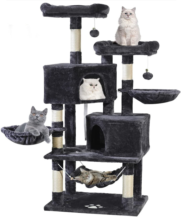 MQ Cat Tree Cat Tower 57in Multi-Level Cat Scratching Post with Condos, Basket, Hammock & Plush Perches for Kittens, Large Cats, Smoky Gray