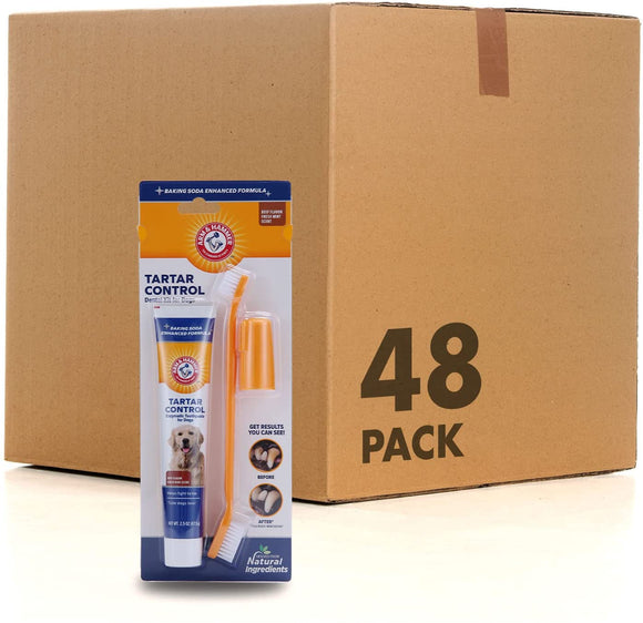 Arm & Hammer for Pets Tartar Control Kit for Dogs | Contains Toothpaste, Toothbrush & Fingerbrush | Reduces Plaque & Tartar Buildup | Safe for Puppies, 3-Piece Kit, Beef Flavor | 48 Pack