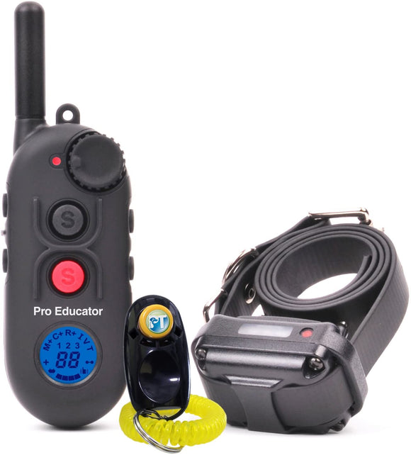 Bundle of 2 Items - E-Collar - PE-900-1/2 Mile Remote Rechargeable Waterproof Trainer Pro Educator - Static, Vibration and Sound Stimulation Collar with PetsTEK Dog Training Clicker