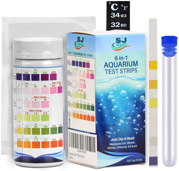 SJ WAVE 6 in 1 Aquarium Test Strip for Freshwater Aquarium | Fast & Accurate Water Quality Testing Strips for Aquariums & Ponds | Monitors pH, Hardness, Nitrate, Temperature and More (100 Tests)