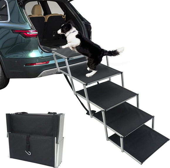 maxpama Extra Wide Aluminum Folding Dog Ramp for Large Dogs Portable Dog Car Step Dog Stair with Nonslip Surface Foldable Pet Stair for High Bed Truck and SUV Lightweight Pet Ladder Support to 200 Lbs