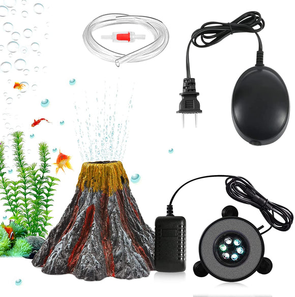 Aquarium Air Bubble Light Aquarium Stone Disk with Air Pump Volcano Ornament LED Air Stone Light with 6 LEDs Aquarium and Fish Tank Decoration Kit