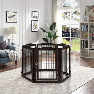 beeNbkks Pet Playpen with Wire, Extra Wide 6 Panels Freestanding Wooden Dog Gate with Walk Through Door and 5 Support Feet, Foldable Pet Exercise Pen