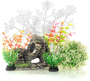 JIH Aquarium Fish Tank Plastic Plants and Cave Rock Decorations Decor Set 7 Pieces, Small and Large Artificial Fish Tank Plants with Cave Rock (CU89Red-7)