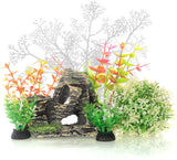 JIH Aquarium Fish Tank Plastic Plants and Cave Rock Decorations Decor Set 7 Pieces, Small and Large Artificial Fish Tank Plants with Cave Rock (CU89Red-7)