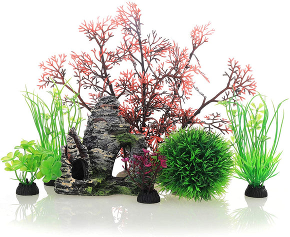 JIH Aquarium Fish Tank Plastic Plants and Cave Rock Decorations Decor Set 7 Pieces, Small and Large Artificial Fish Tank Plants with Cave Rock (CU89Red-7)