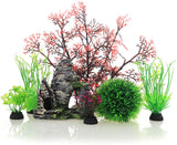 JIH Aquarium Fish Tank Plastic Plants and Cave Rock Decorations Decor Set 7 Pieces, Small and Large Artificial Fish Tank Plants with Cave Rock (CU89Red-7)