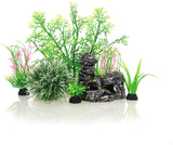JIH Aquarium Fish Tank Plastic Plants and Cave Rock Decorations Decor Set 7 Pieces, Small and Large Artificial Fish Tank Plants with Cave Rock (CU89Red-7)