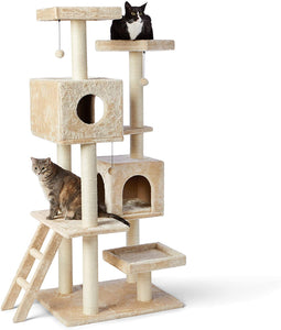 Amazon Basics Extra Large Cat Tree Tower With Dual Condo Cave - 28 x 65 x 24 Inches, Beige