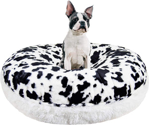 Bessie and Barnie Signature Spotted Pony / Snow White Luxury Shag Extra Plush Faux Fur Bagel Pet / Dog Bed (Multiple Sizes), M- 36"