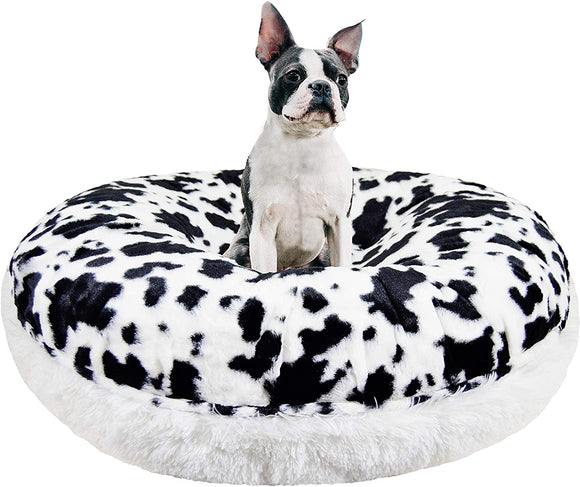 Bessie and Barnie Signature Spotted Pony / Snow White Luxury Shag Extra Plush Faux Fur Bagel Pet / Dog Bed (Multiple Sizes), M- 36