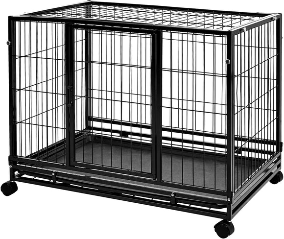 Amazon Basics Heavy Duty Stackable Pet Kennel on Wheels with Tray, 36-inch