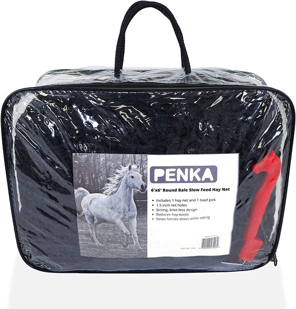 PENKA Slow Feed Hay Net for Horses- Large 6x6 Heavy Duty Knotless Round Bale Feeder Haynet with 1.5